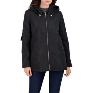 NWT VIA SPIGA WATER REPELLENT black RAIN JACKET WITH ATTACHED HOOD -L